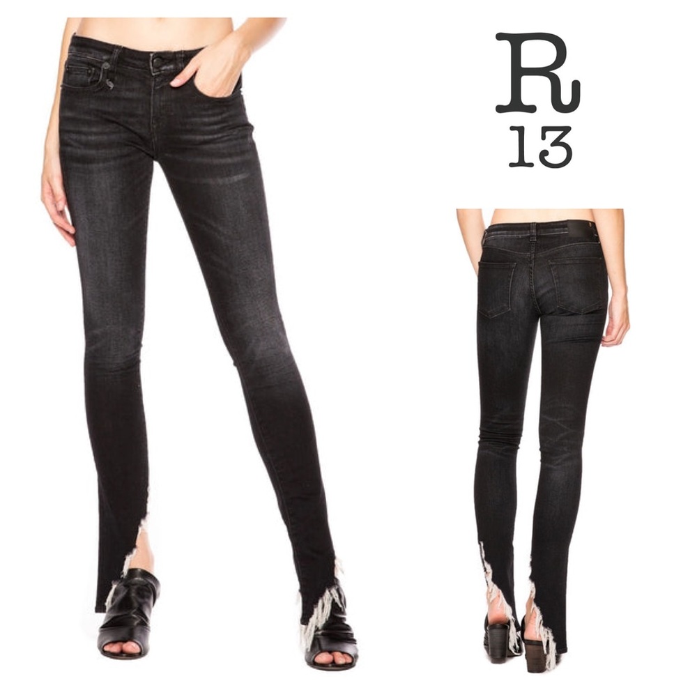 NWOT R13 Kate Skinny Angled Hem Denim Jeans in Dark Moon (Distressed Black)